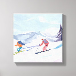 Ski Vrienden | Mooie Waterverf Ski Berg Canvas Afdruk