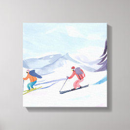 Ski Vrienden | Mooie Waterverf Ski Berg Canvas Afdruk