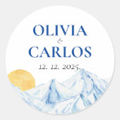 Ski Wedding Waterverf Berglandschap Ronde Sticker (Voorkant)