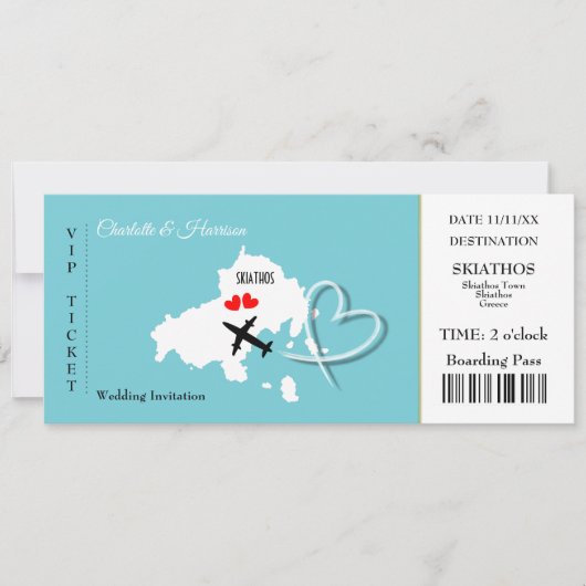 Skiathos bruiloft bestemming ticket instapkaart kaart (Voorkant)