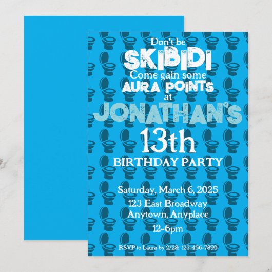 Skibidi Toilet Blauwe Verjaardagsfeest Uitnodiging (Voorkant / Achterkant)