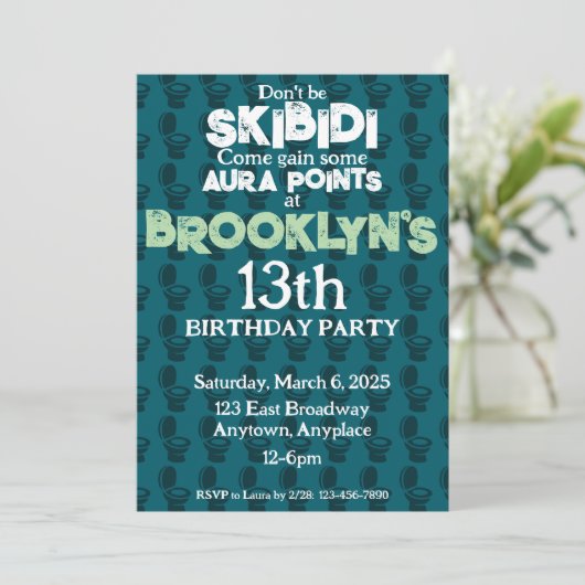 Skibidi Toilet Groene Verjaardag Party Uitnodiging (Staand voorkant)