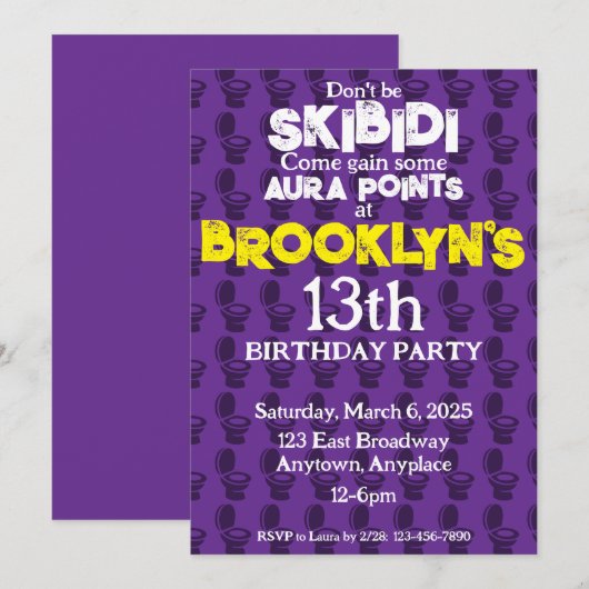 Skibidi Toilet Paarse Verjaardag Uitnodiging (Voorkant / Achterkant)