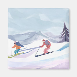 skidag | Waterverf Winter Mountain Kaart Magneet