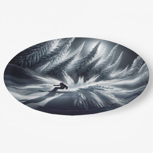 Skiën in het maanlicht papieren bordje (Gekanteld)
