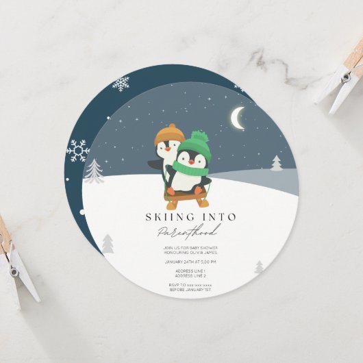 Skiën in het ouderschap baby shower kaart (Voorkant / Achterkant in situ)