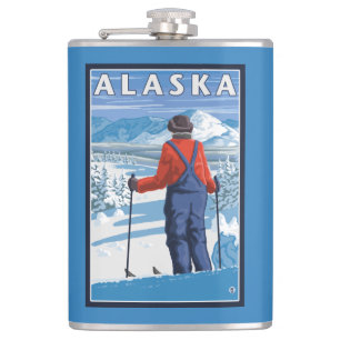 Skiën in het Poster van de Vintage-reis in Alaska Heupfles