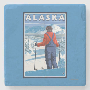 Skiën in het Poster van de Vintage-reis in Alaska Stenen Onderzetter