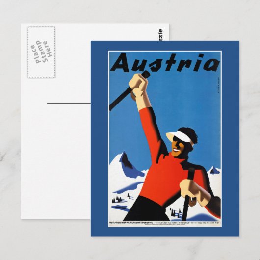 Skiën in Poster voor reizen in Oostenrijk Briefkaart (Voorkant / Achterkant)