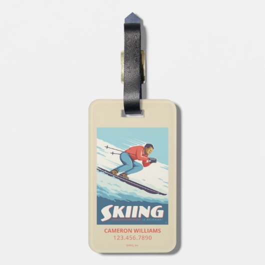 Skiën is geloven retro print bagagelabel (Achterkant verticaal)