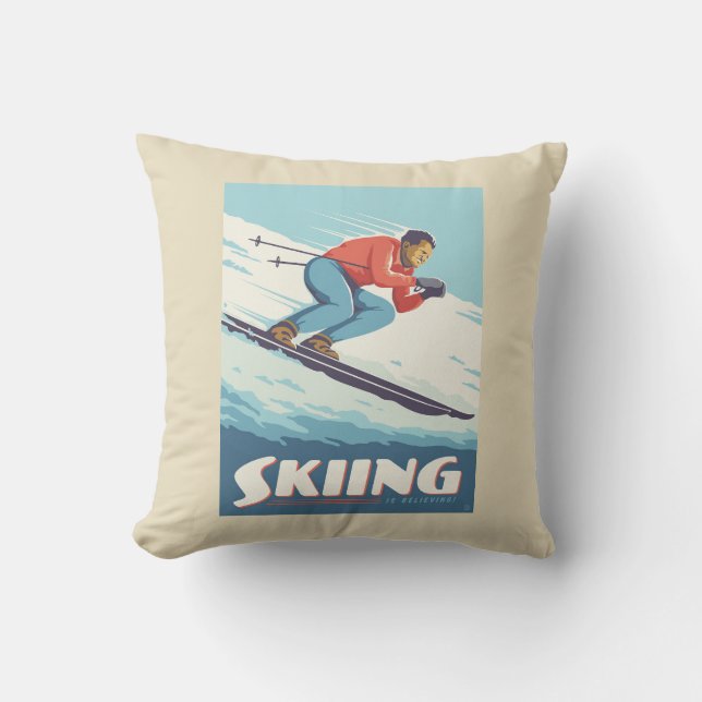 Skiën is geloven retro print kussen (Voorkant)