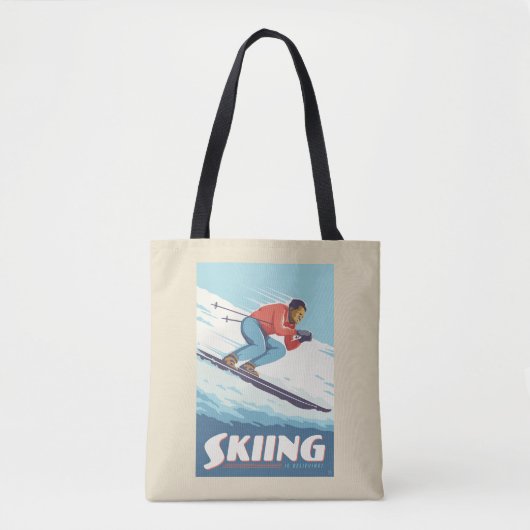 Skiën is geloven retro print tote bag (Voorkant)