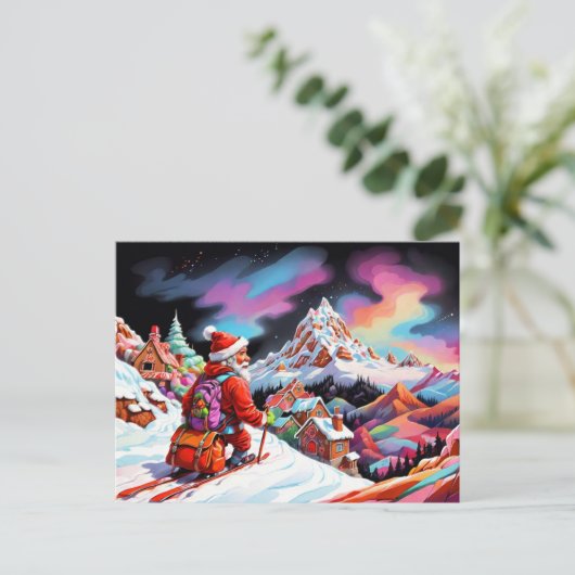 Skiën Kerstman neerkijkend op de vallei Kerstmis Feestdagenkaart (Staand voorkant)