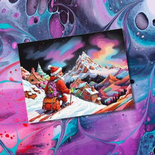 Skiën Kerstman neerkijkend op de vallei Kerstmis Feestdagenkaart