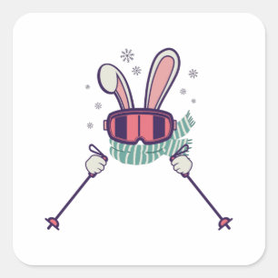 Skiën konijn met skistokken en skibril vierkante sticker