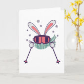 Skiën konijn met skistokken skibril en sjaal kaart (Gele Bloem)