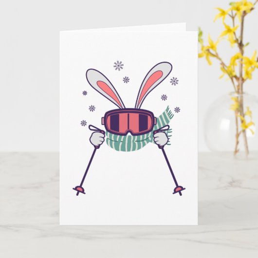 Skiën konijn met skistokken skibril en sjaal kaart (Gele Bloem)
