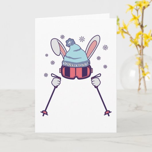 Skiën konijn met skistokken skibril skihoofddeksel kaart (Gele Bloem)