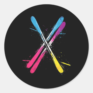 Skiën, Levendig ontwerp, Gekruiste skis Ronde Sticker