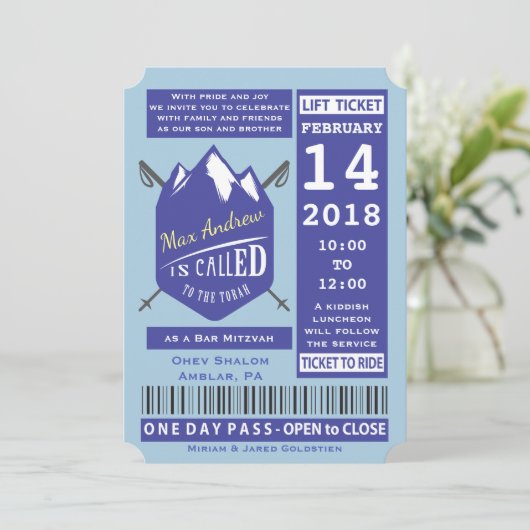 SKIËN LIFT TICKET BAR Bat Mitswa Uitnodiging (Staand voorkant)