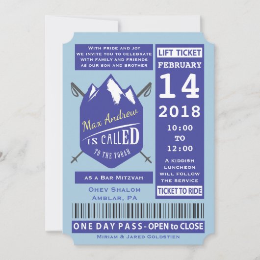 SKIËN LIFT TICKET BAR Bat Mitswa Uitnodiging (Voorkant)