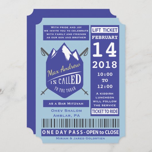 SKIËN LIFT TICKET BAR Bat Mitswa Uitnodiging (Voorkant / Achterkant)