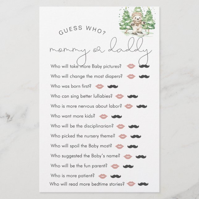 Skiën naar ouderschap Douche "Guess Who" spel (Voorkant)