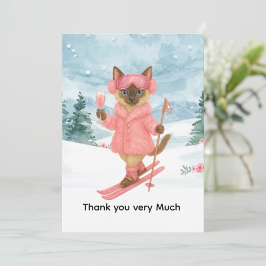 Skiën voor vrijgezellenfeest Siamese kat liefhebbe Bedankkaart (Staand voorkant)