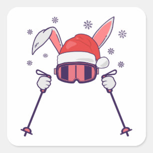 Skiënde Kerstman Konijn met Kerstmuts en skistokke Vierkante Sticker