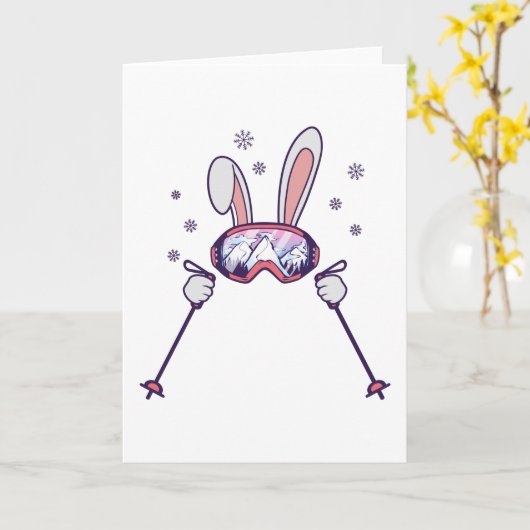 Skiende konijn met skistenpolen en skibrillen kaart (Gele Bloem)