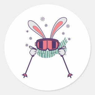 Skiende konijn met skistenski-brillen en sjaal ronde sticker