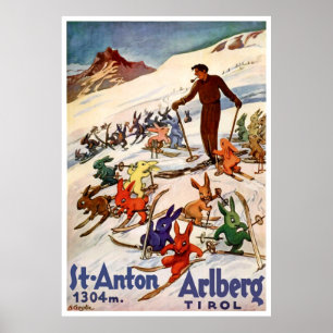Skiënde konijnen in St. Anton, Tirol, Oostenrijk Poster