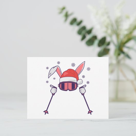 Skiende Santa Rabbit met Santa Hat en skistokken S Briefkaart (Staand voorkant)