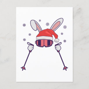 Skiende Santa Rabbit met Santa Hat en skistokken S Briefkaart