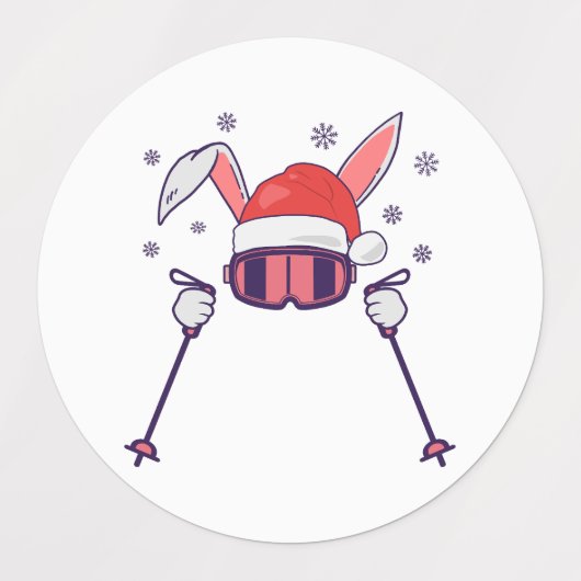 Skiende Santa Rabbit met Santa Hat en skistokken S Labels (Design 1)