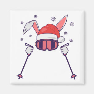 Skiende Santa Rabbit met Santa Hat en skistokken S Magneet