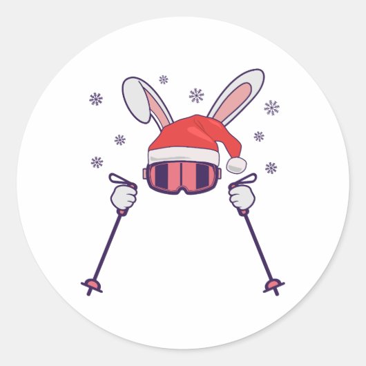Skiende Santa Rabbit met Santa Hat en skistokken S Ronde Sticker (Voorkant)