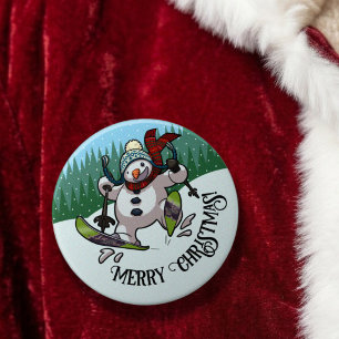 Skiënde Sneeuwman Prettig Kerstfeest! Kousenstoppe Ronde Button 7,6 Cm