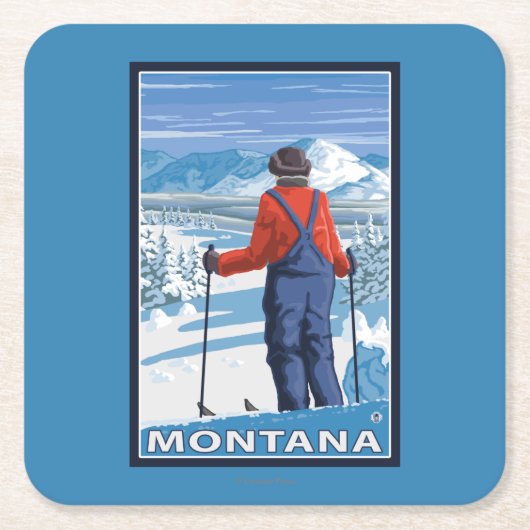 Skier Admiring MontanaVintage Travel Poster Kartonnen Onderzetters (Voorkant)