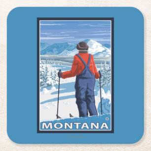 Skier Admiring MontanaVintage Travel Poster Kartonnen Onderzetters