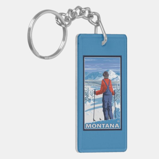 Skier Admiring MontanaVintage Travel Poster Sleutelhanger (Voorkant Links)