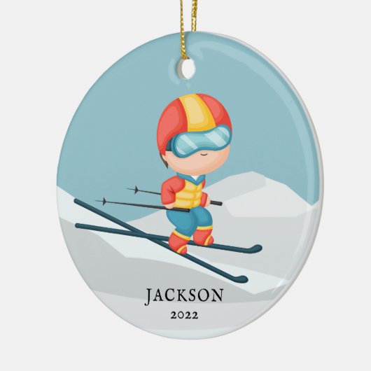 Skier Boy Aangepast kerstkeramisch sieremmer Keramisch Ornament (Links)