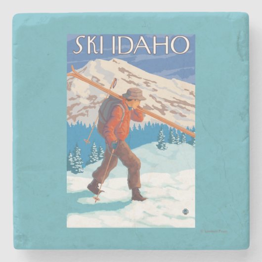 Skier Carrying Snow Skis - Idaho Stenen Onderzetter (Voorkant)