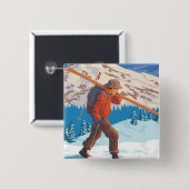 Skier Carrying Snow Skis - Montana Vierkante Button 5,1 Cm (Voorkant /achterkant)