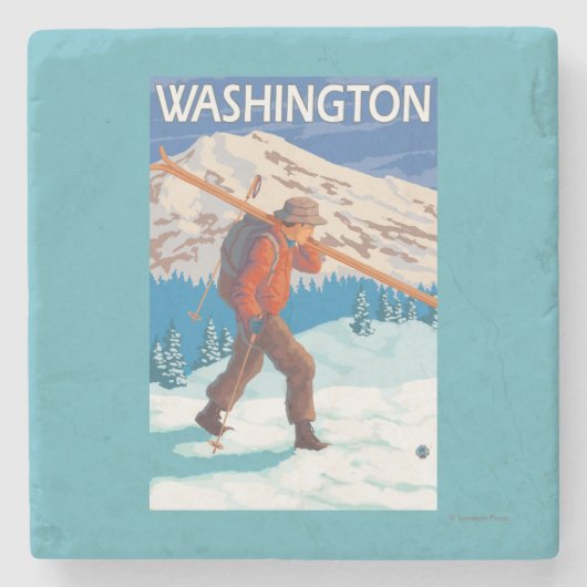Skier Carrying Snow Skis - Washington Stenen Onderzetter (Voorkant)