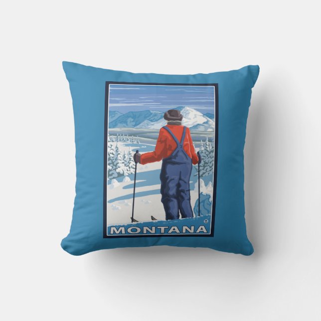 Skiër die Montana bewondert - Reisposter uit het v Kussen (Voorkant)