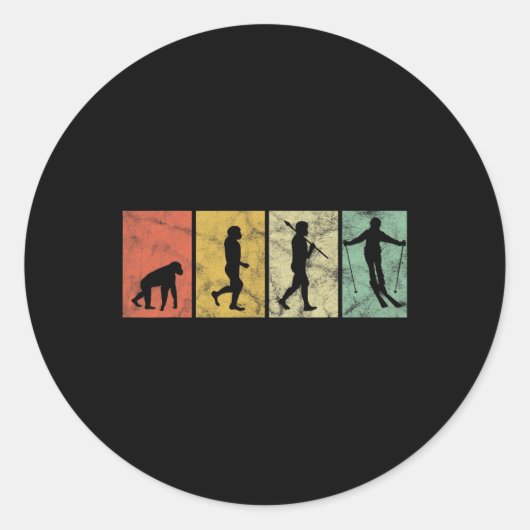 Skier Evolution Of Man Skiing Ski Funny Retro Vint Ronde Sticker (Voorkant)