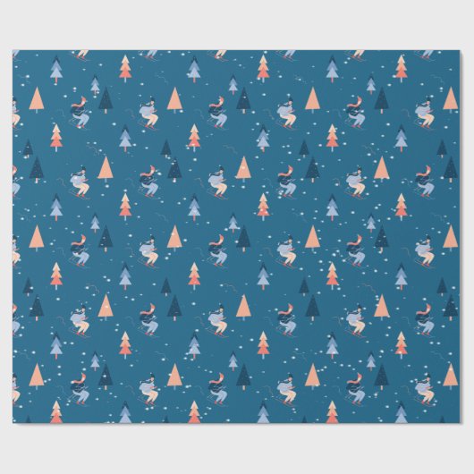 Skier in sneeuwvlokken op blauw omslagpapier cadeaupapier (Vlak)