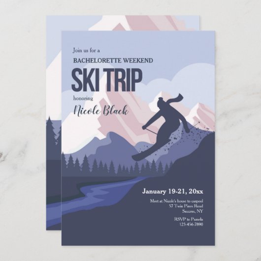 Skiër Silhouette Bachelorette Feestuitnodiging Kaart (Voorkant / Achterkant)