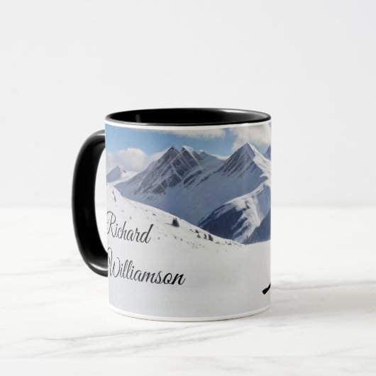 Skier Silhouette in snowy mountains Personalize Mok (Voorkant links)